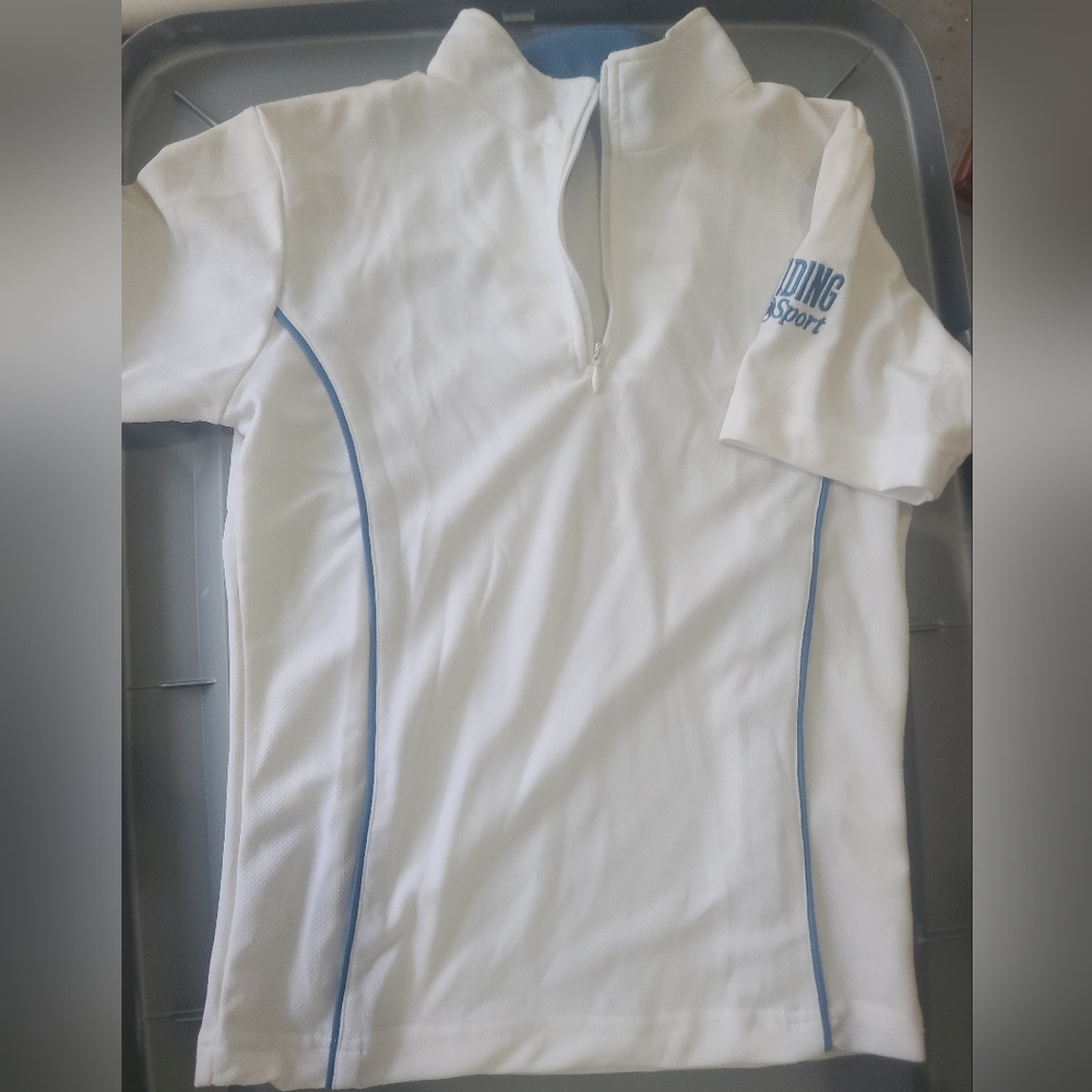 White Short-Sleeve Zip-Up Equestrian Top with Blue Accents